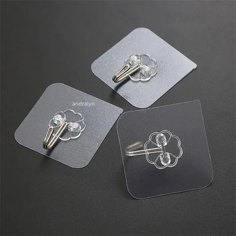 50PCS/100pcs  No Drill Wall Hooks – Heavy Duty 15lb Transparent Adhesive Hooks, Waterproof for Dorm Bathroom & Kitchen
