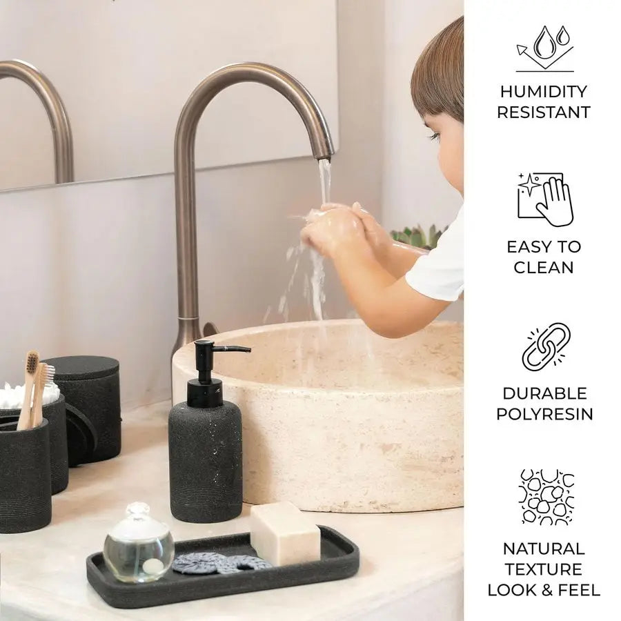 Black Stone Bathroom Accessories Set 6 Pieces Toothbrush Holder, Lotion Dispenser, Qtip Container, Vanity Tray, Tumbler Countert