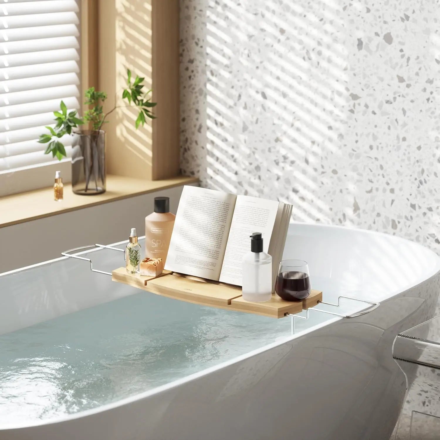 Extendable Bathtub Tray with Book Stand, Wine Glass Holder, and Phone Slot for Relaxing Baths