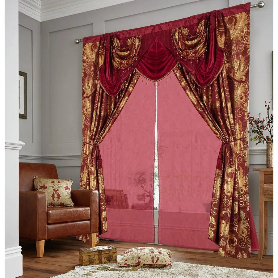 Jacquard Luxury Window 2 Panel Set Burgundy Gold Curtain with Attached Valance and Backing Bedroom Living Room Dining 2 Curtains