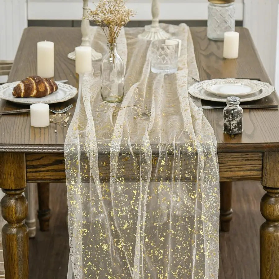 Beige Gold Gauze Table Runner 120 Inch 10Pcs, Glitter Metallic Foil Sheer Dining Wedding Anniversary Holiday Birthday Table Deco