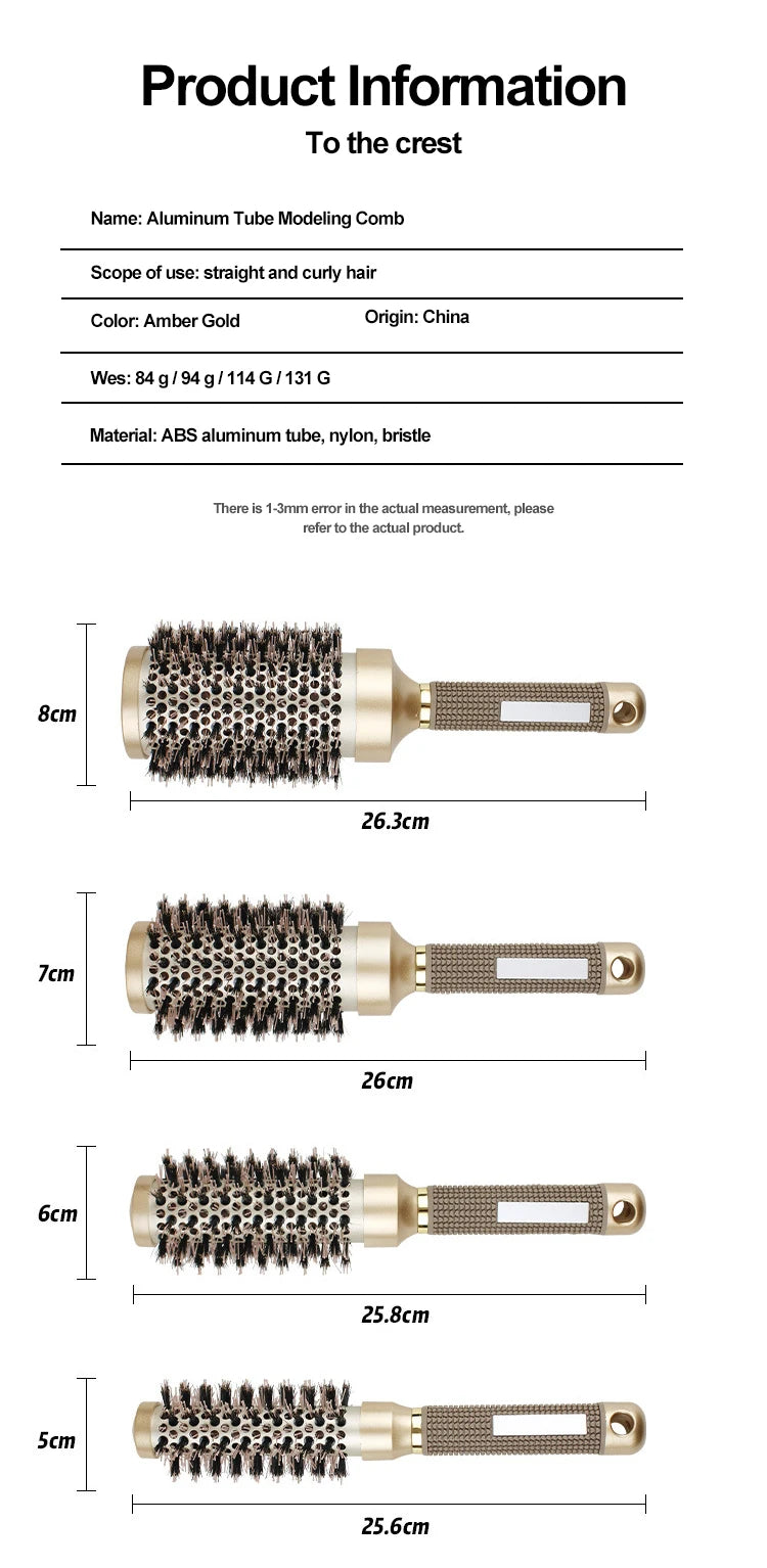 Gute Boar & Nylon Roller Brush - Gold Non-Slip Handle, Curl Defining Barrel - Salon Home Styling
