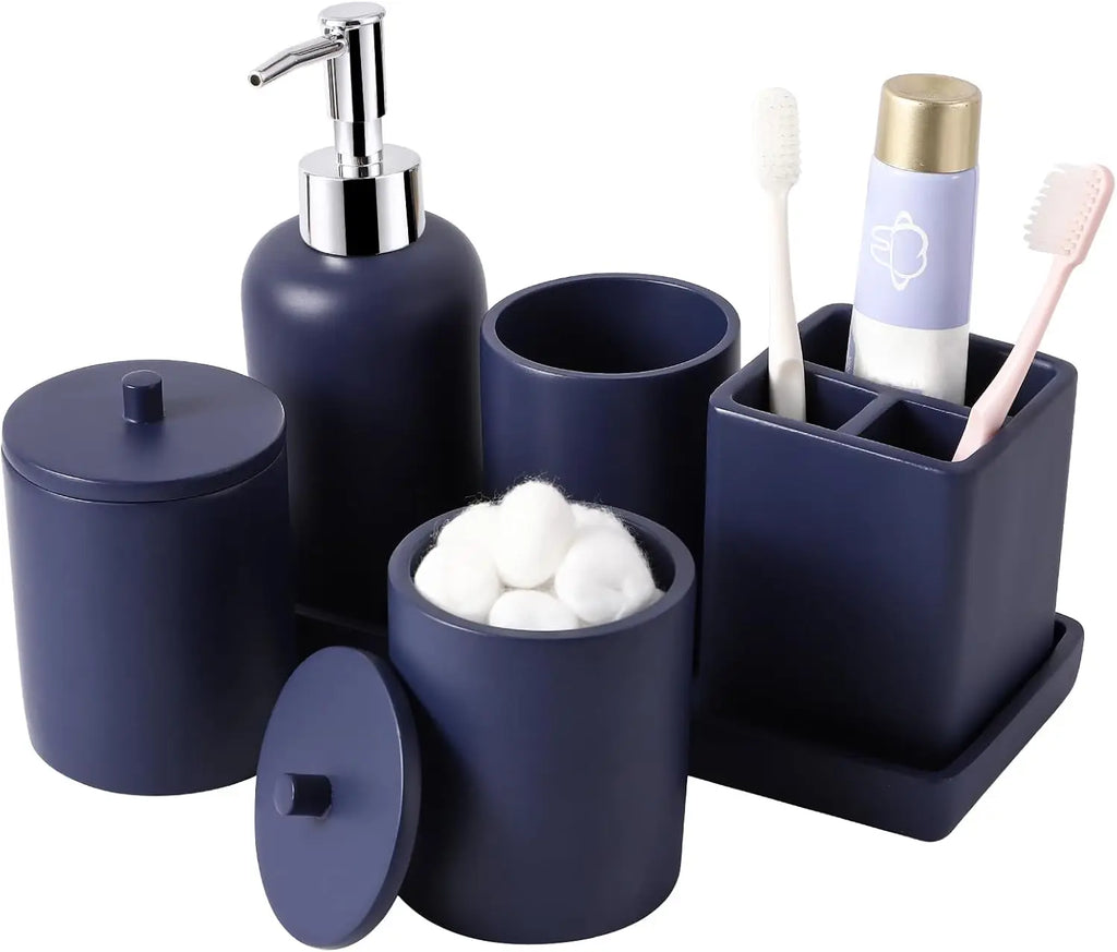 6-Piece Navy Blue Bathroom Set with Toothbrush Holder, Soap Dispenser, Vanity Tray, and More - Countertop Organizer