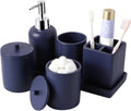6-Piece Navy Blue Bathroom Set with Toothbrush Holder, Soap Dispenser, Vanity Tray, and More - Countertop Organizer