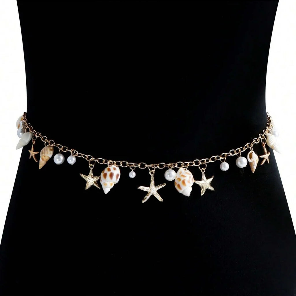 Bohemian Summer Beach Shell Waist Chain, Imitation Pearl Starfish Conch Jewelry,Seaside Waist Accessory for Women