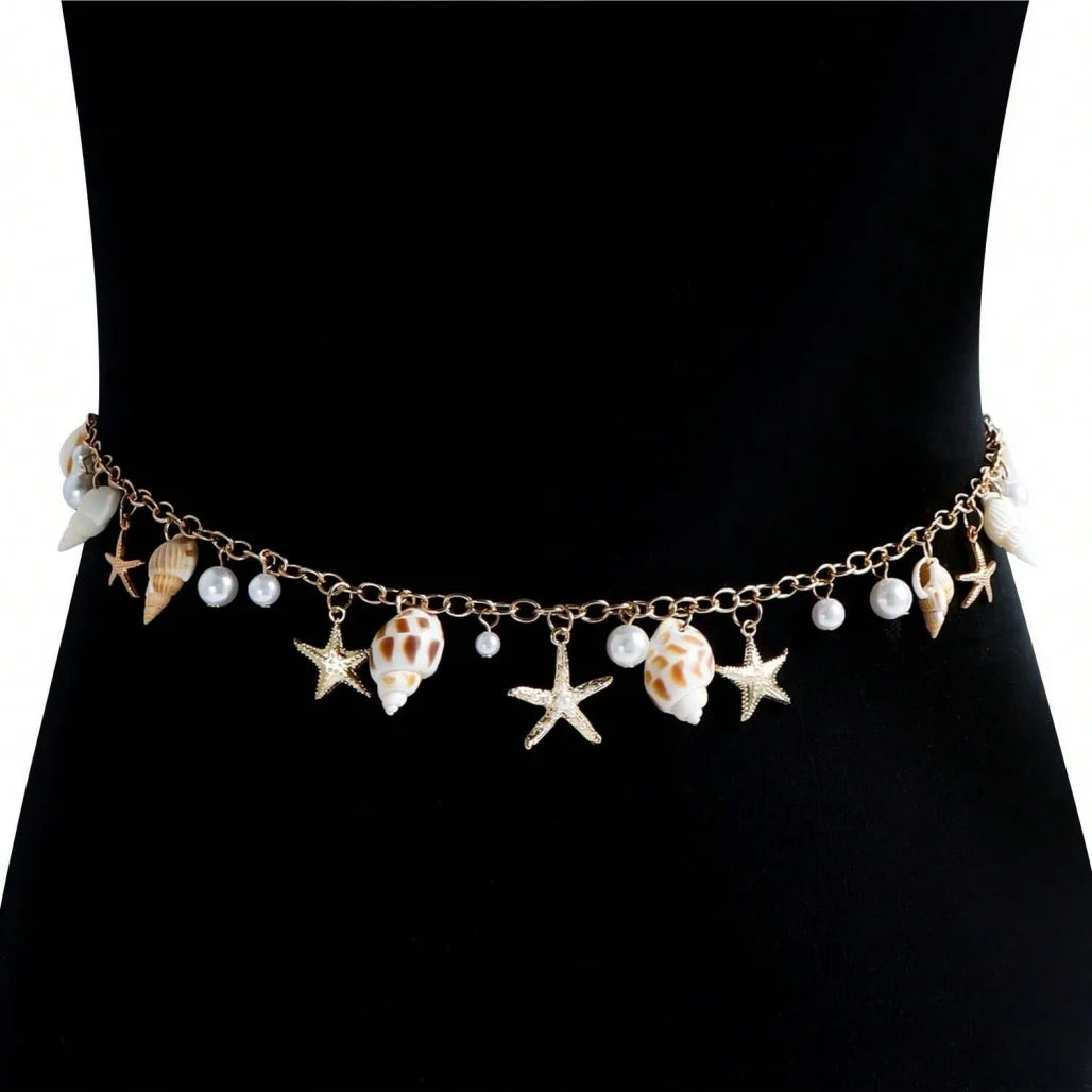 Bohemian Summer Beach Shell Waist Chain, Imitation Pearl Starfish Conch Jewelry,Seaside Waist Accessory for Women
