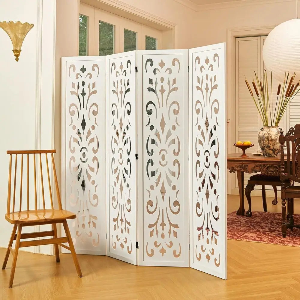 4-Panel White Classic Carved Wooden Room Divider for Home, Office, or Garden