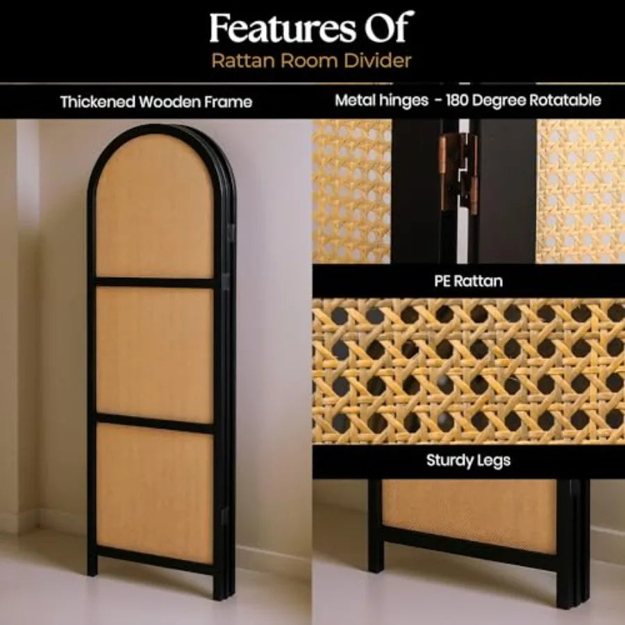 3-Panel Room Divider Folding Privacy Screen with Arched Dark Wood Frames and Light Woven Panels Portable Divider for Home Offic