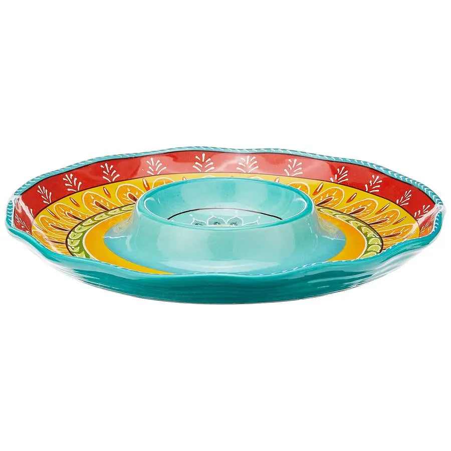 13.25 Ceramic Chip amp Dip Platter Colorful Mediterranean Serving Dish with BuiltIn Center Bowl, Glazed Ceramic Appetizer Tray f