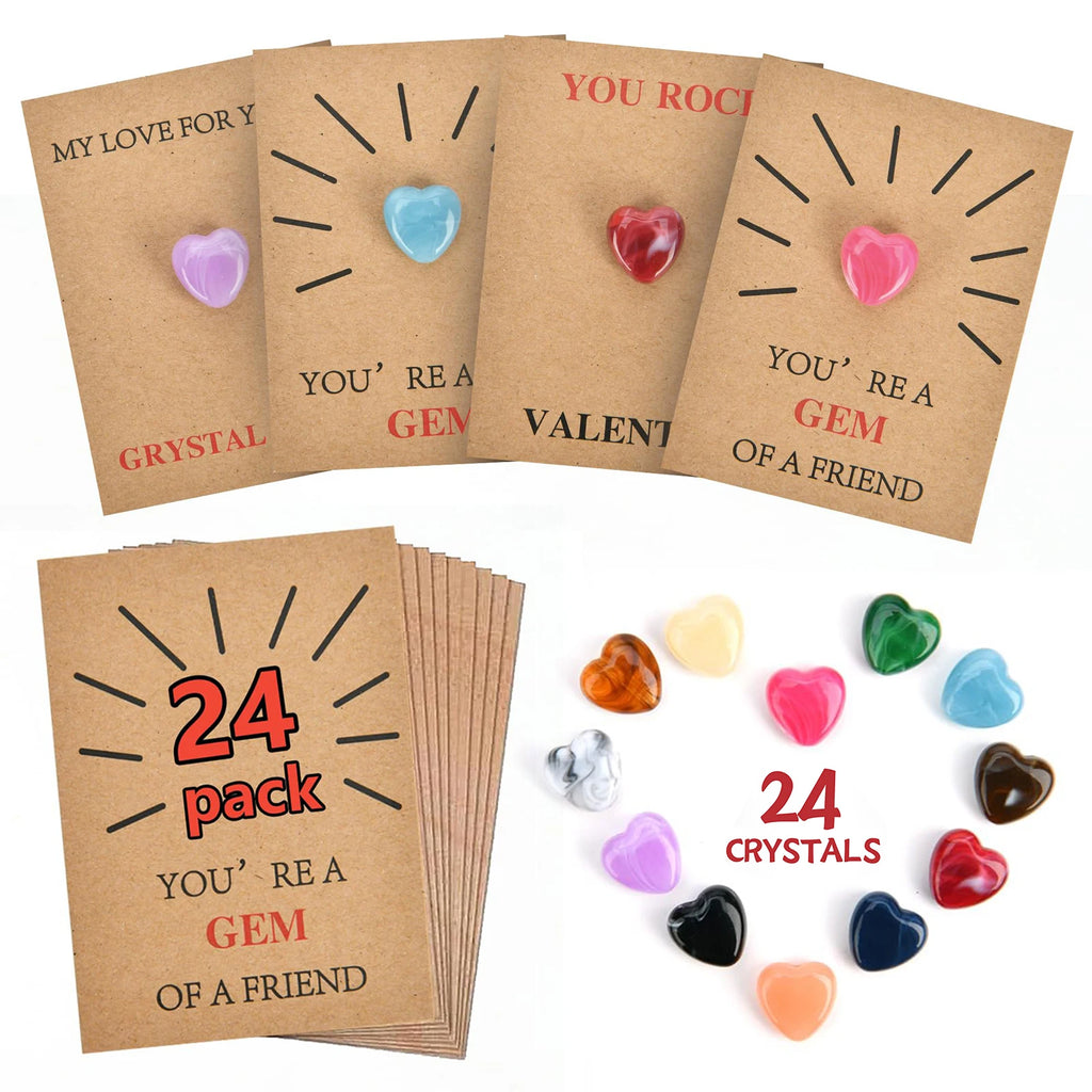 24 Pack Valentine Exchange Card with Heart-Shape Crystal Stone Valentines Cards for Boys Girls School Classroom Party Favors