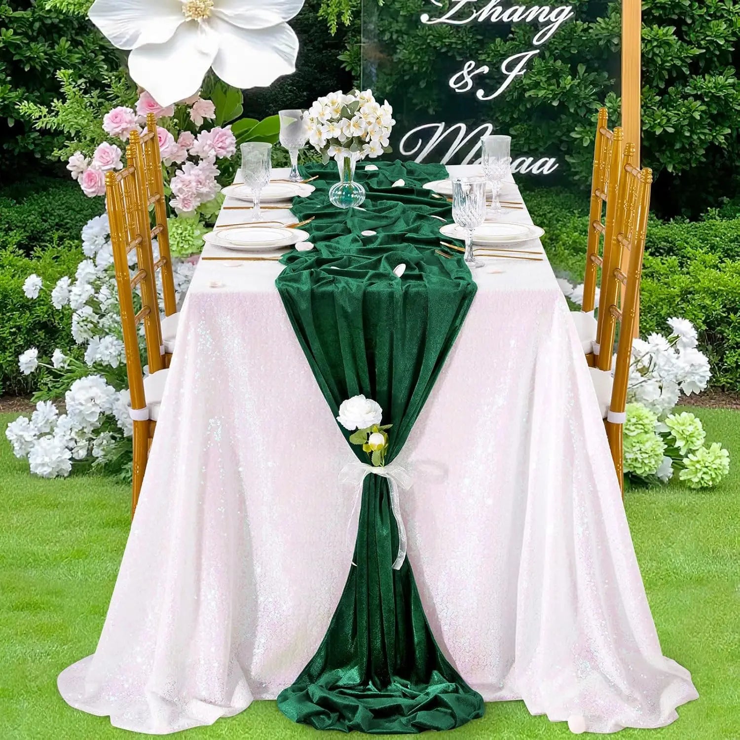8Pcs-29x120 Inches Emerald Green Velvet Table Runner ,Soft Luxurious Fall Table Runners 10ft Long,for Wedding Bridal Shower Than