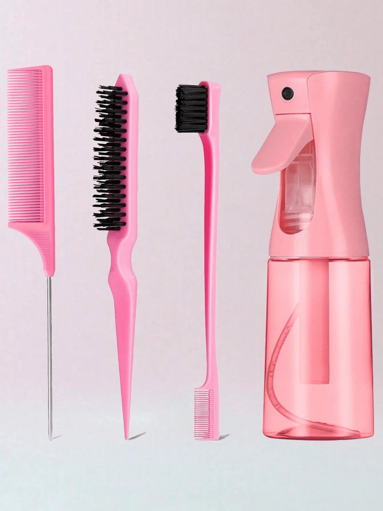 4pcs Slick Back Hair Brush Set With Hair Spray Bottle, Edge Brush Hair Brush Rat, Tail Comb Teasing Brush For Smoothing Baby Hai
