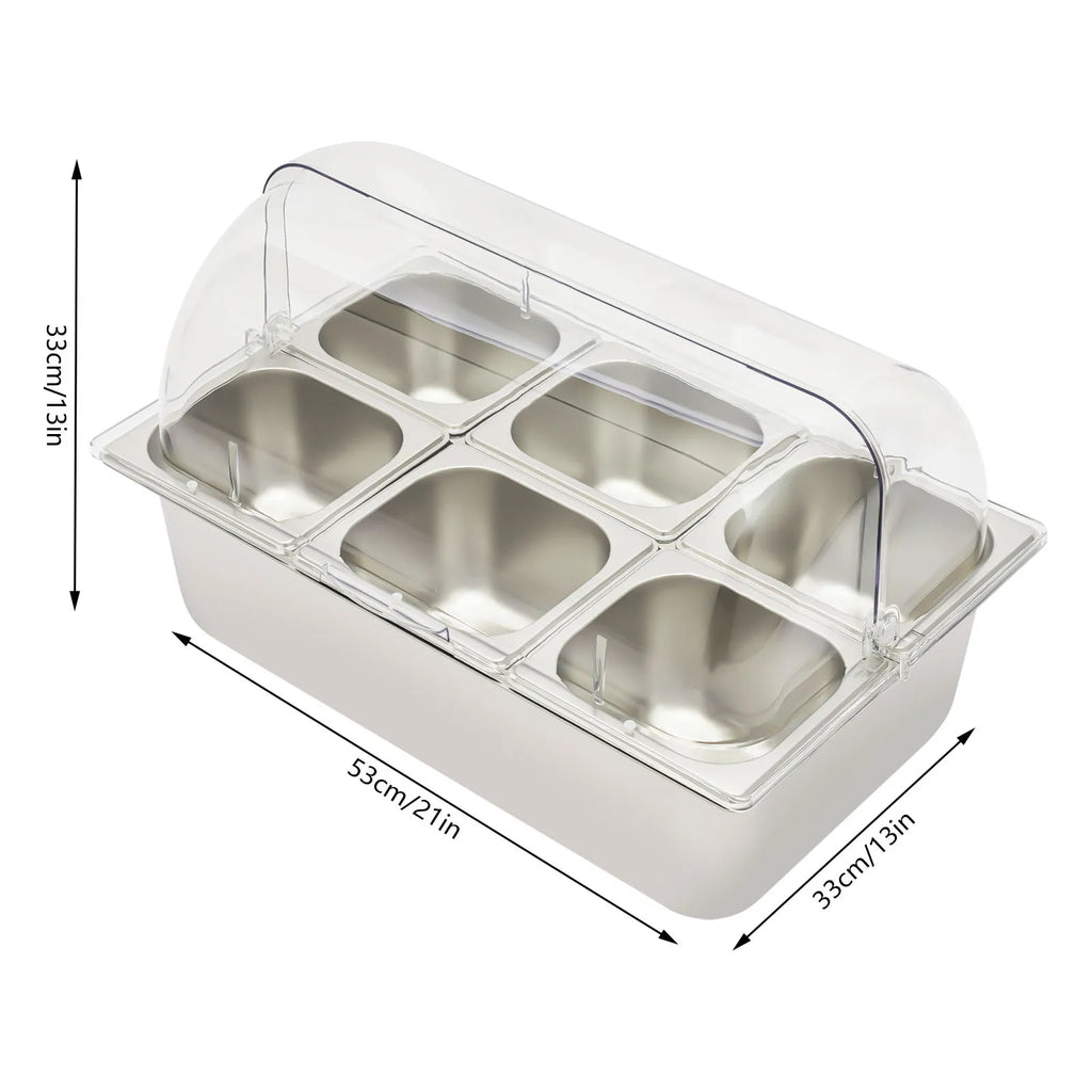6-Pan Ice Food Serving Display Tray with Clear Roll Top Cover Cold Food Buffet Tray 15 CM Height Countertop Salad Fruit Box