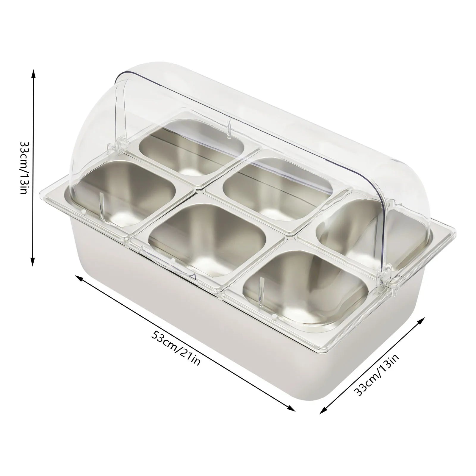 6-Pan Ice Food Serving Display Tray with Clear Roll Top Cover Cold Food Buffet Tray 15 CM Height Countertop Salad Fruit Box