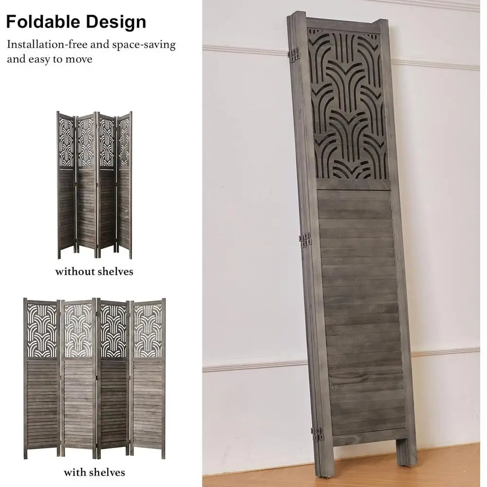 4-Panel Wooden Carved Privacy Screen, 66.9 Tall, Portable Room Divider, Suitable for Home, Office, Restaurant, Bedroom (Gray)