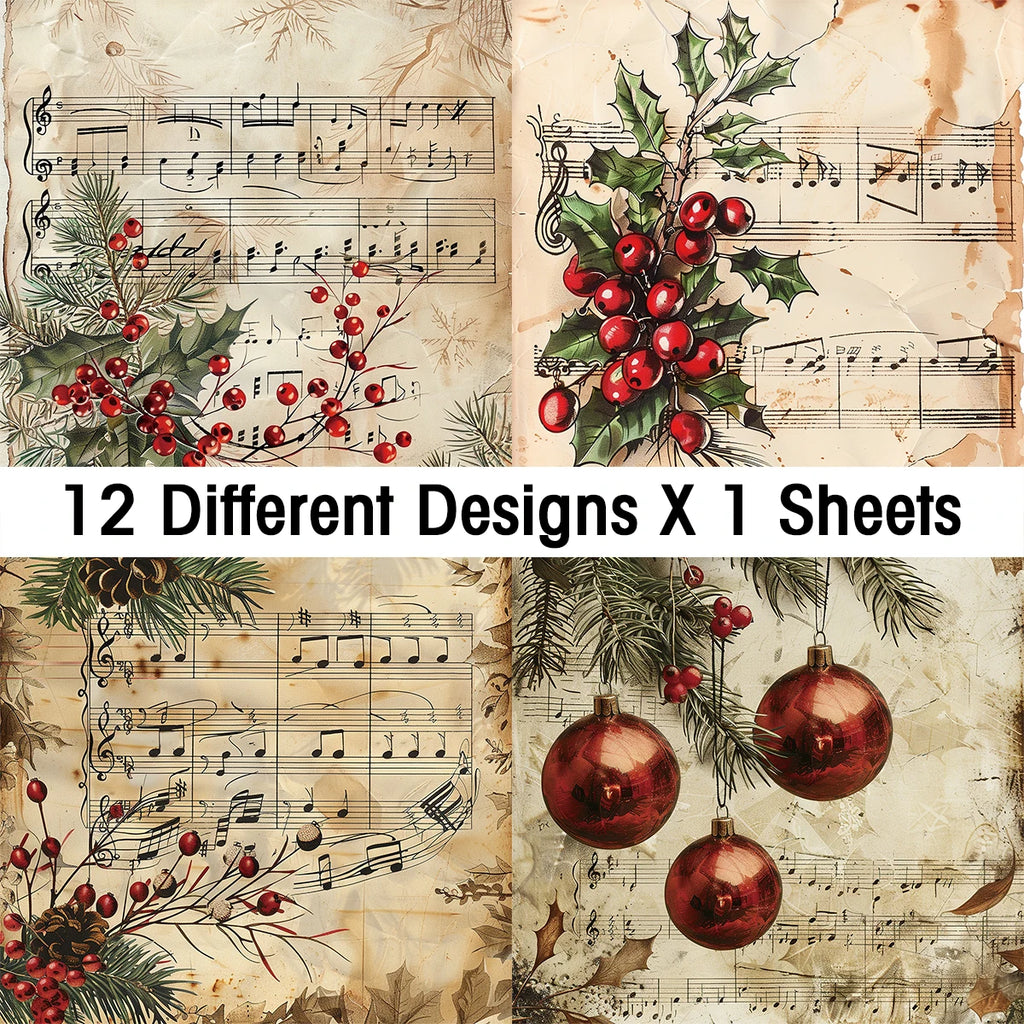12pc Vintage Christmas Old Music Sheet Scrapbook Paper Set,Retro Christmas Collection Kit Paper for Junk Journal DIY Card Making