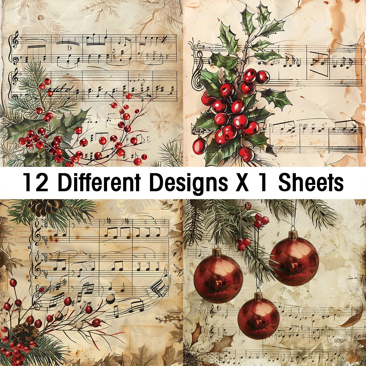 12pc Vintage Christmas Old Music Sheet Scrapbook Paper Set,Retro Christmas Collection Kit Paper for Junk Journal DIY Card Making