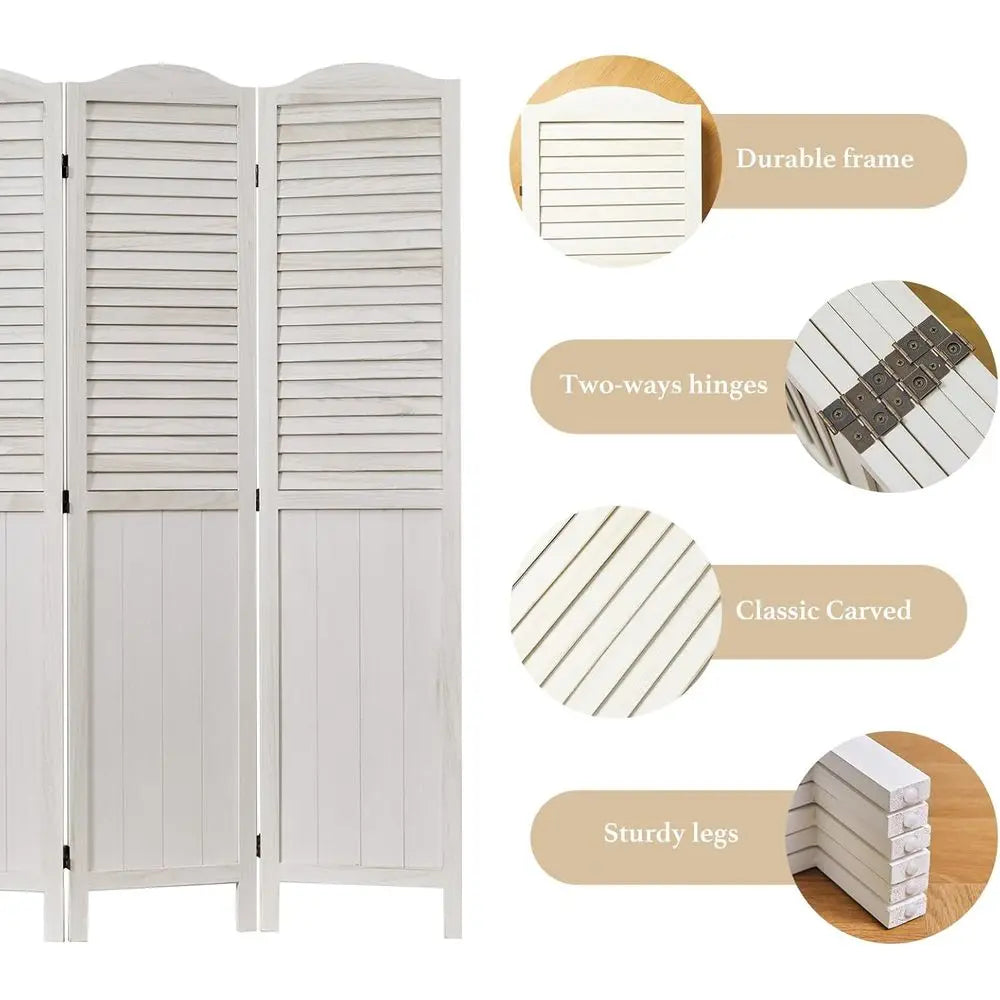 68.9 White-Washed Wooden Louver & MDF Dividers, 6-Panel Home Office/Bedroom Partitions