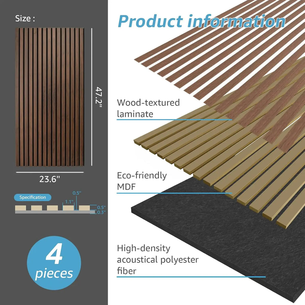 4 Pack Wood Slat Acoustic Panels for Wall and Ceiling - Dark Walnut Finish, 3D Fluted Design for Sound Absorption