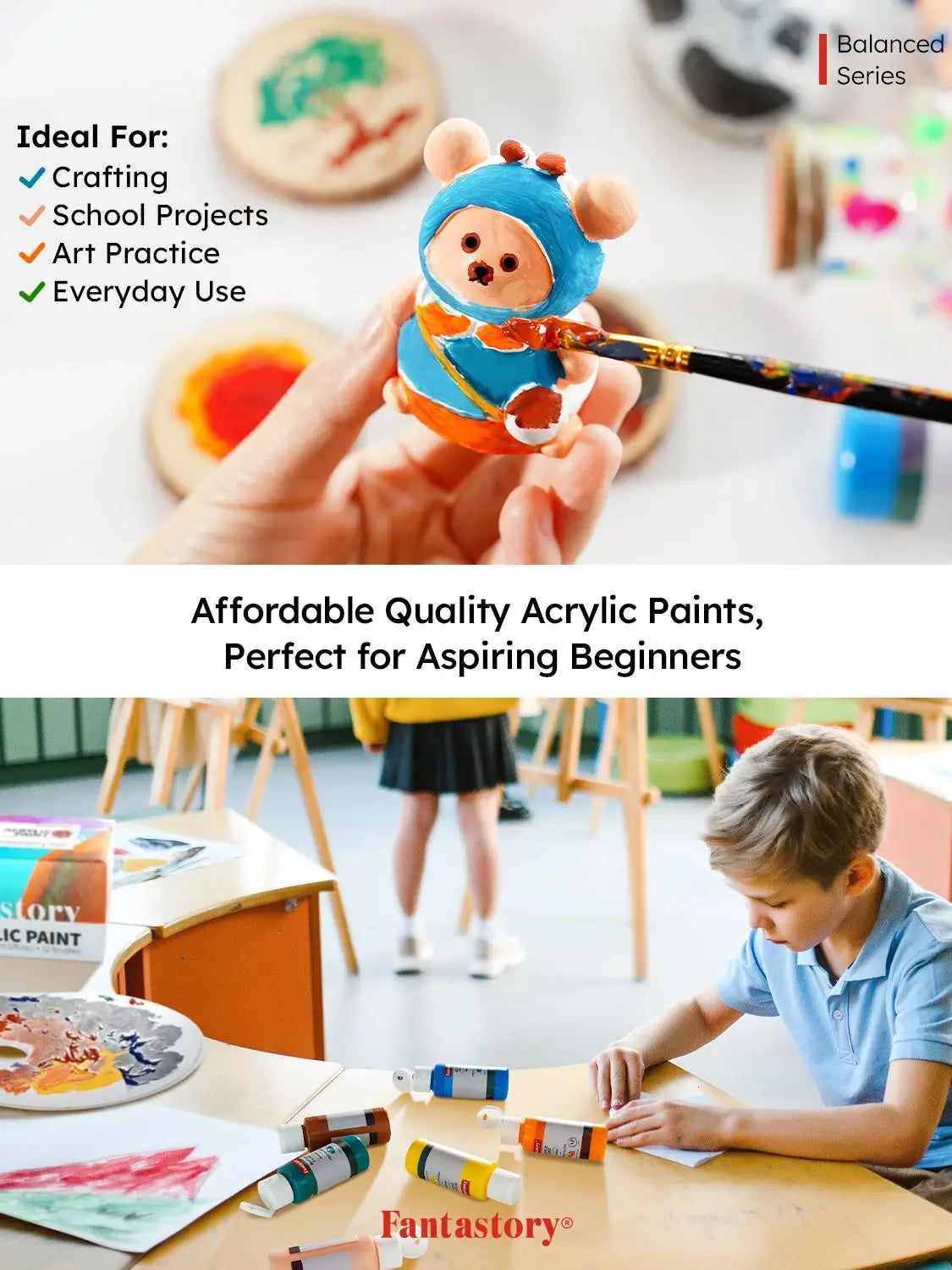Fantastory Acrylic Paint Set - 24 Colors 2oz Each + 12 Professional Brushes, Ideal for Canvas, Glass, Wood, Ceramics & Models