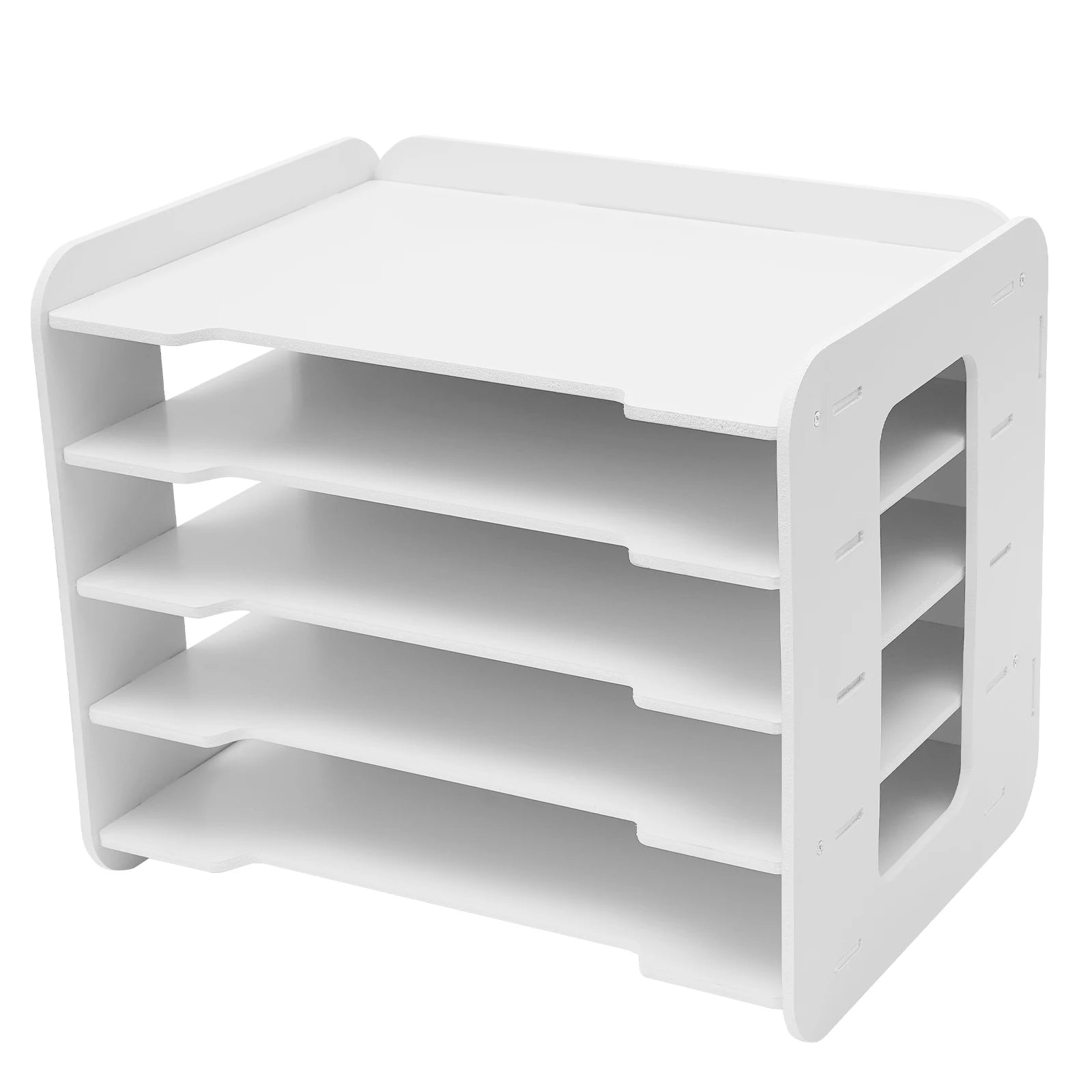 5 Tier PVC Wood-Plastic Desktop Organizer Letter Tray File Rack Stationery Holder Office Desk Storage Shelf with Round Corner
