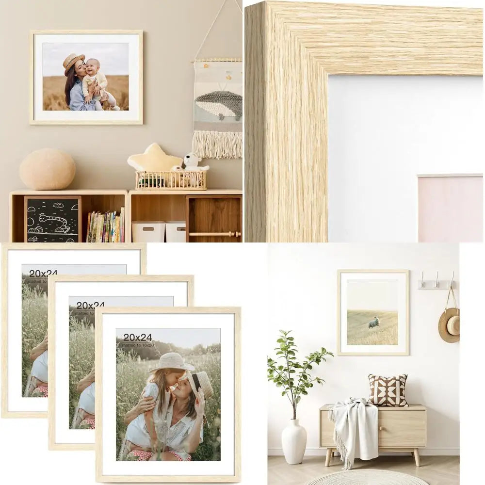 Set of 3 Natural Wood 20x24 Picture Frames with 16x20 Mat for Wall Display