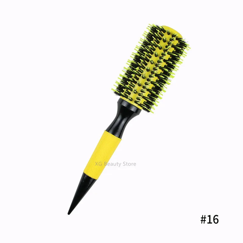 Professional 1PC 6 Sizes Round Wooden Hair Brush Boar Bristle Mix Nylon Salon Women Hair Styling Tools Yellow Brazil Hair Curler