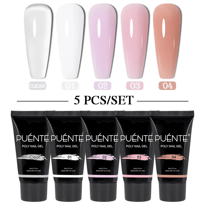 PUENTE 5Pcs/Set 30ML Poly Nail Gel Fast Nails Extend Clear White Pink Colors Hema-Free Acrylic Gel Soak Off UV Builder Nail Gel