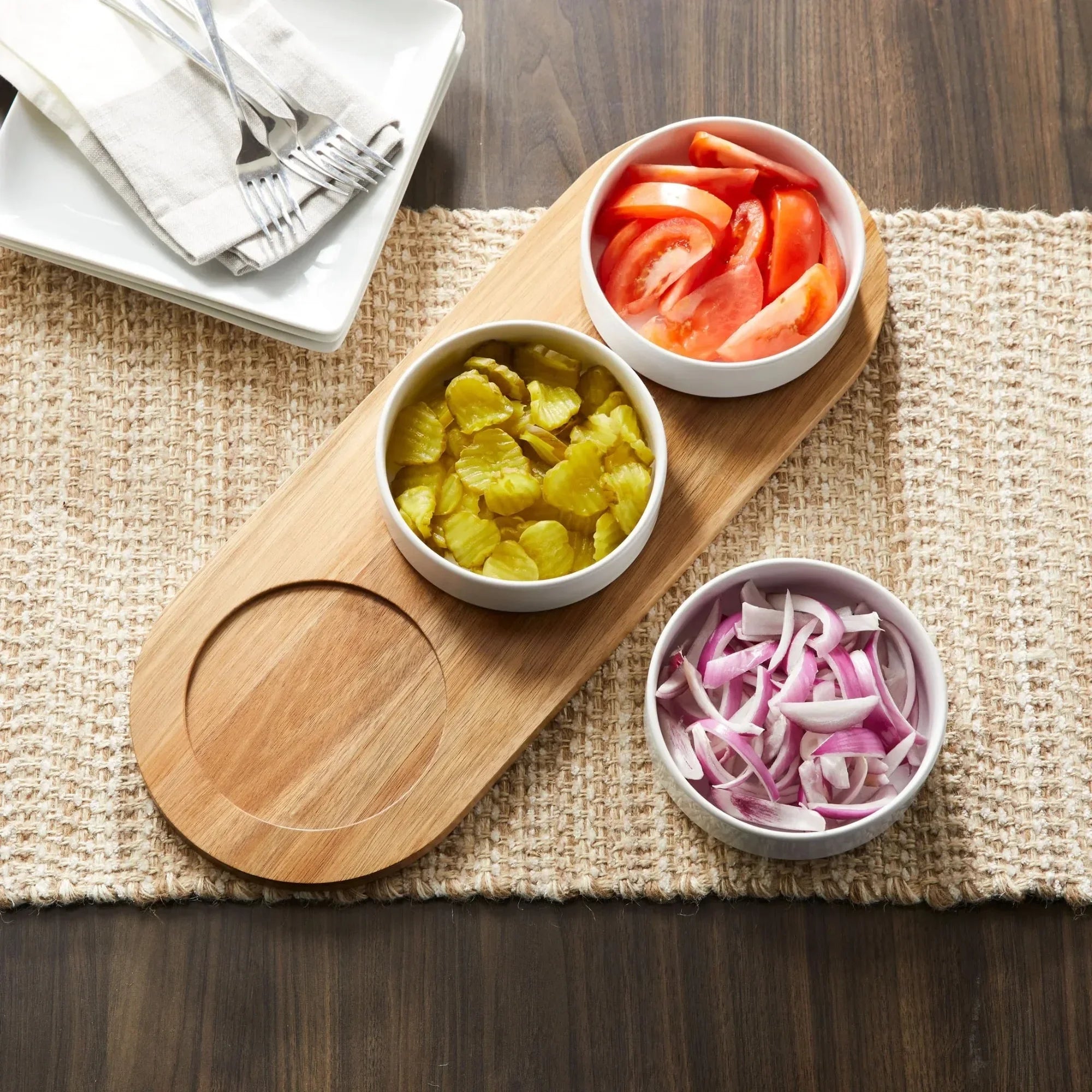 Acacia Wood Tray and Stoneware Bowl for Condiment, 19.69x7.28x2.17 in,3.96 lb