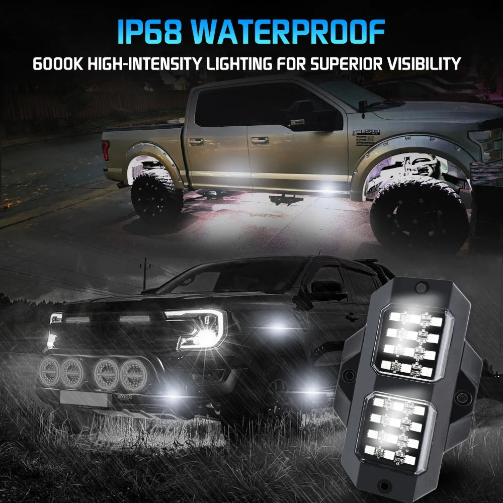 4Pcs White LED Rock Lights 6000K Car Underbody Lighting 12V Hardwired Driveway Lighting for Trucks, ATVs, UTVs, SUVs, Pickups