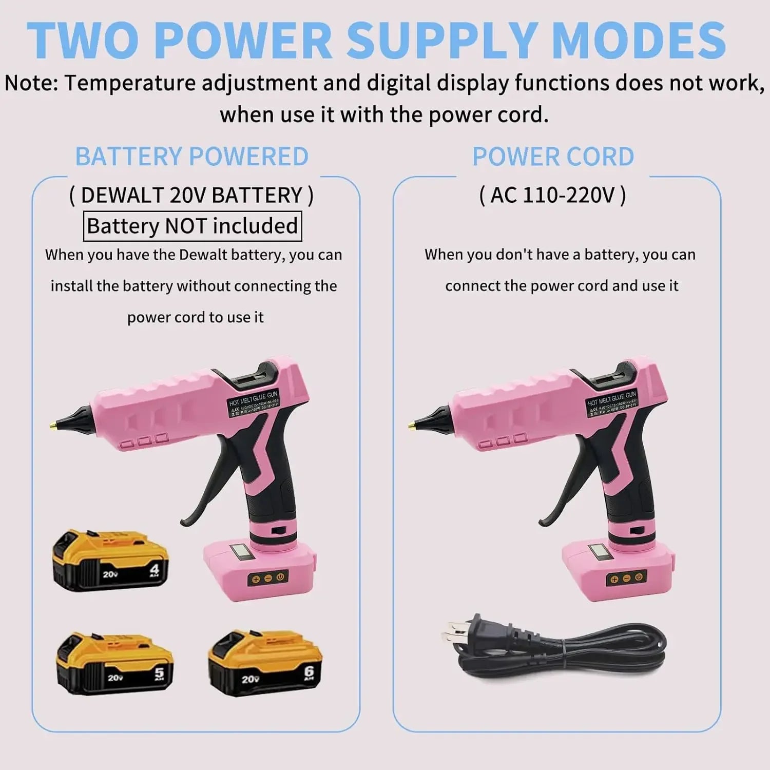 100W Cordless Hot Glue Gun for Dewalt 20V MAX Battery with 20PCS Full Size Glue Sticks, Digital Temperature Adjustable High