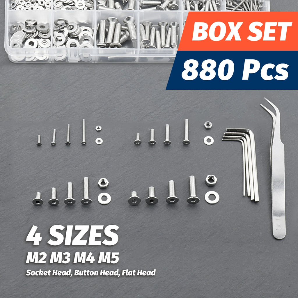880Pcs Stainless Steel 304 Hex Socket Flat Head Screws Assortment Kit M2 M3 M4 M5 Countersunk Bolts Set with Storage Box