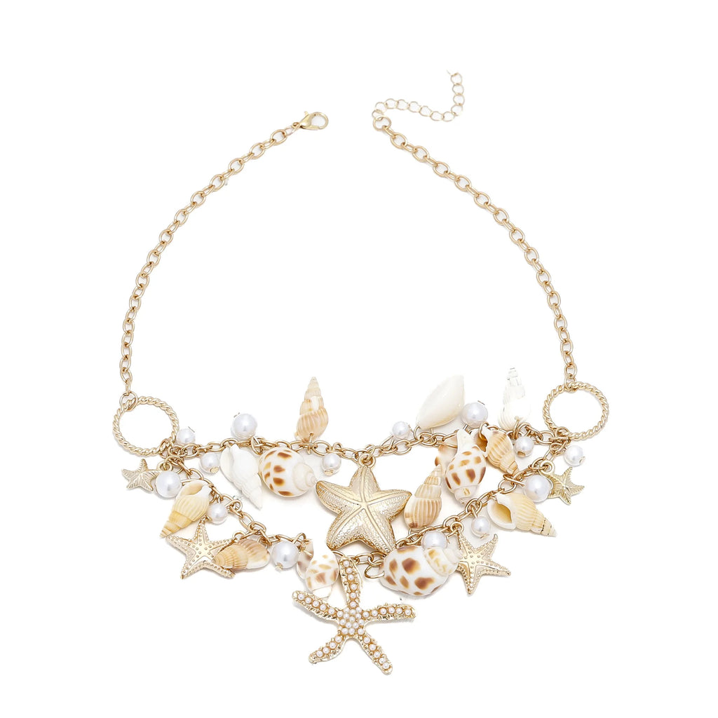Bohemian style gold color waist chain with seashell and starfish pendant,faux pearl body chain, beach party fashion accessory.