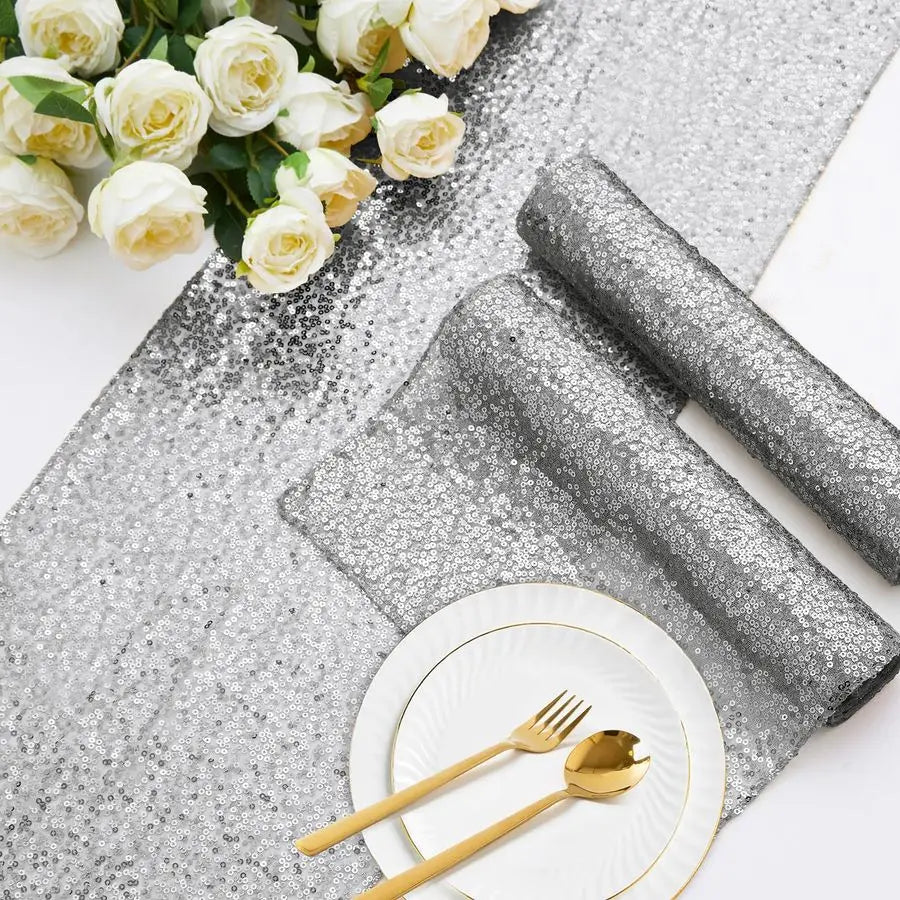 12 Pack Silver Sequin Table Runner 12 x 72, Glitter Sparkle Sequin Runners for Birthday Party Wedding Banquet amp Baby Shower, P
