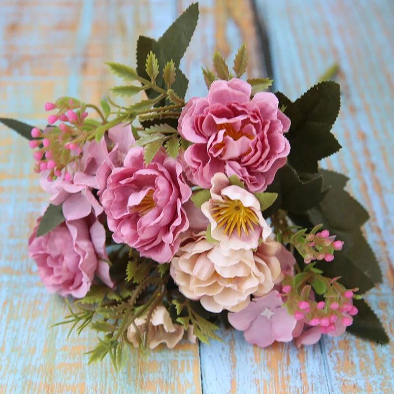 5 Forks 8 Heads Artificial Flowers Small Peony Bouquet Wedding Decorative Plants Wreaths Vases for Home Decoration Accessories