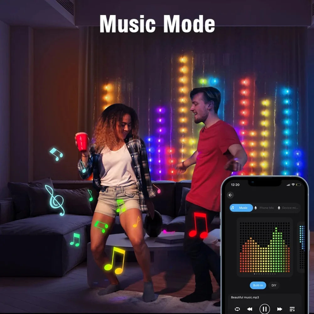 256-400LEDs Smart Curtain Lights Waterproof LED Fairy Lights DIY Color Changing APP Control for Christmas Party Home Decoration