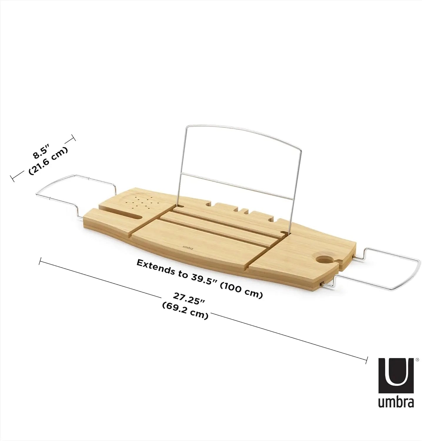 Extendable Bathtub Tray with Book Stand, Wine Glass Holder, and Phone Slot for Relaxing Baths