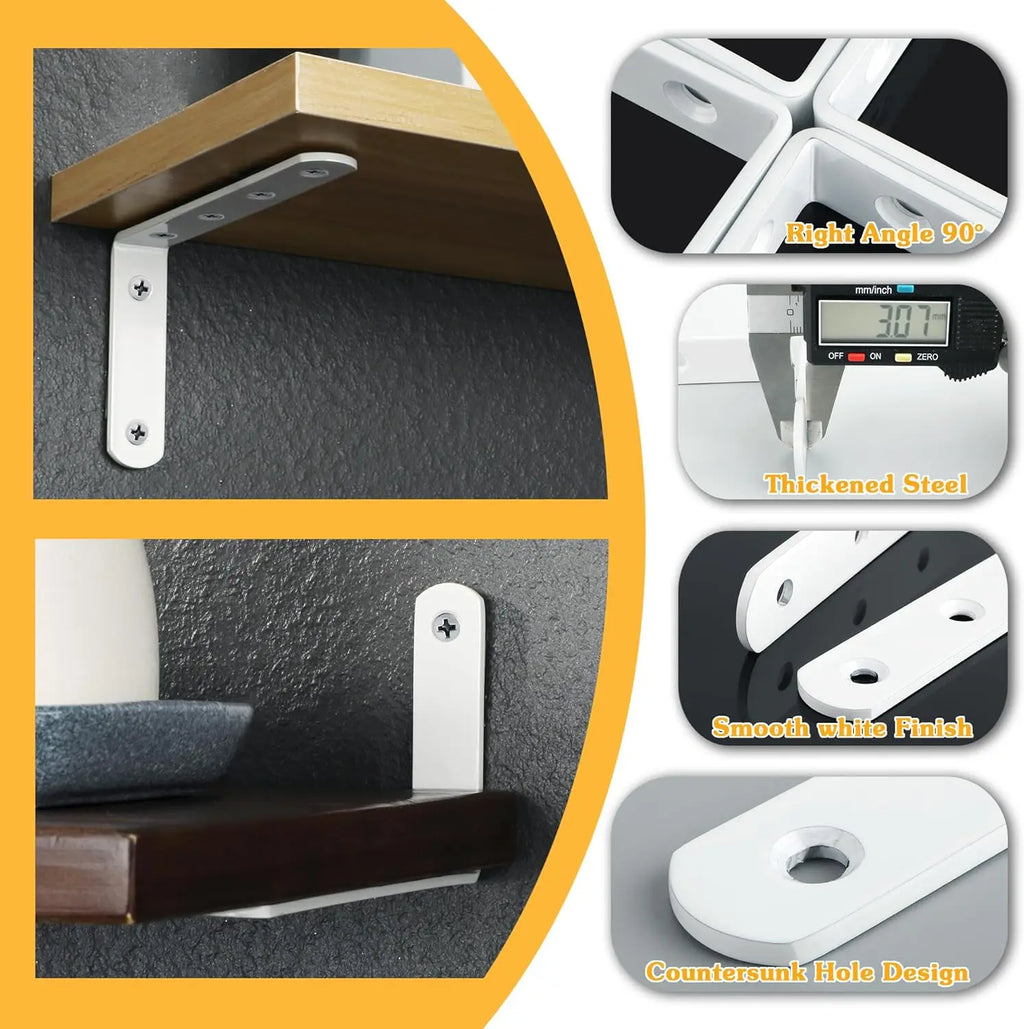Heavy Duty White L Bracket Shelves, Stainless Steel Corner Brace for Wooden Board Hanging Support, 6x4 Inch (Pack of 4)