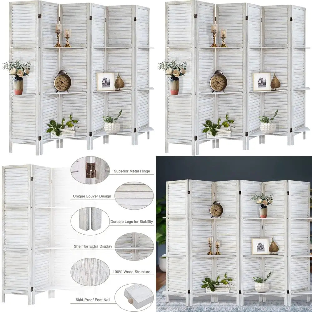6-Panel Wooden Folding Privacy Screen with Shelves, Portable Room Divider for Home and Office