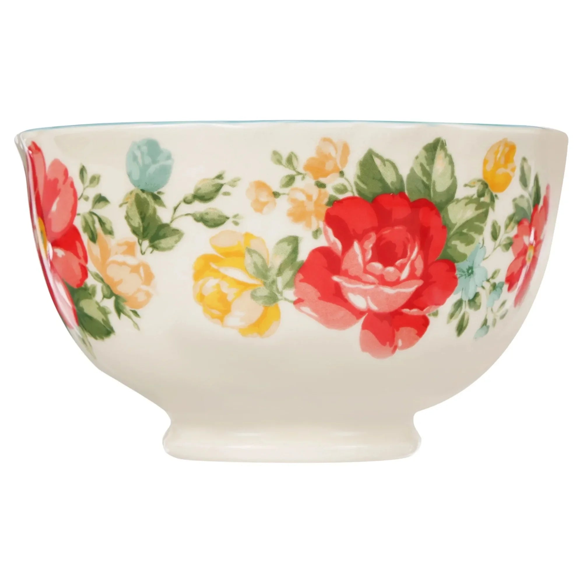 Vintage Floral Teal Footed Bowls, 4-Piece Stoneware Set | Microwave & Dishwasher Safe, Mix & Match Collection