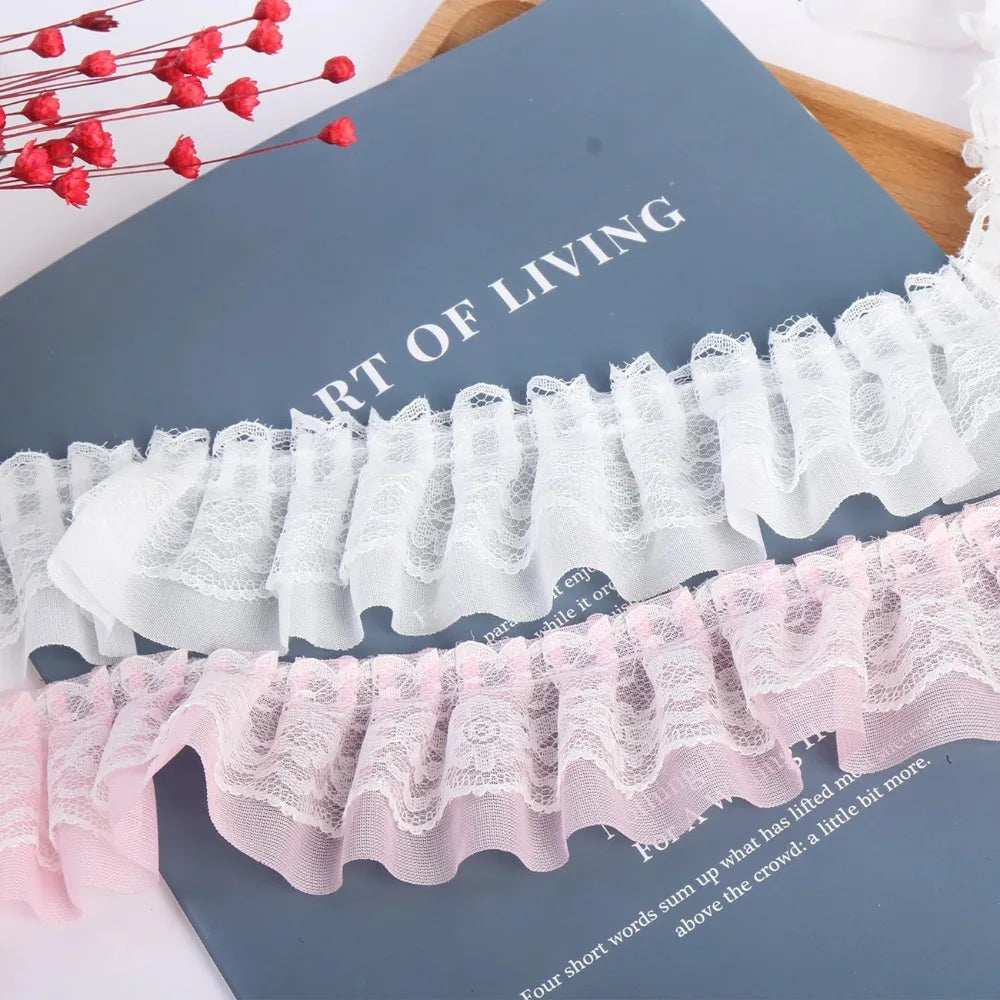 2yards 5cm Double-Layer Pleated Chiffon Lace Trim Clothing Wedding Accessories Decor Ribbon DIY Handmade Sewing Lace Trimmings