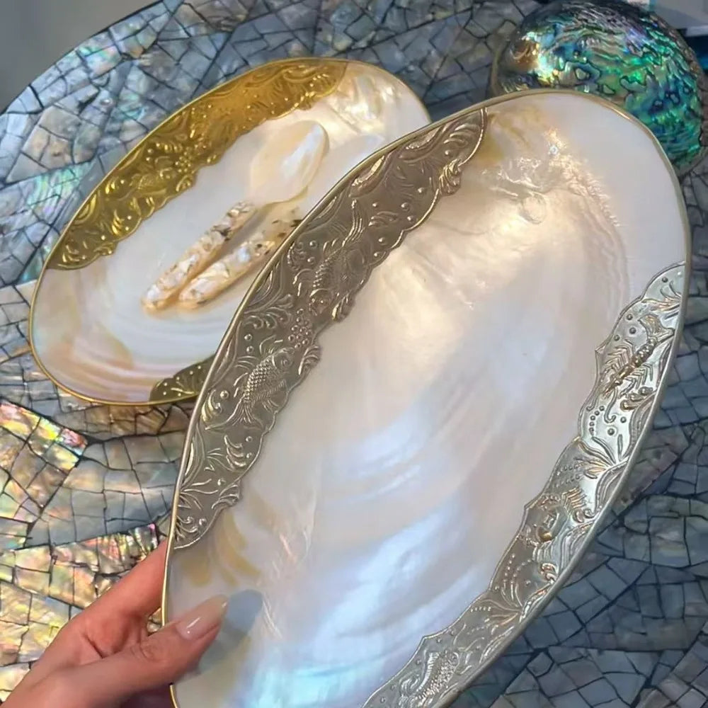 Large Vintage Silver Edge Shell Tray 24cm, Jewelry Display Bowl, Luxury Beach Home Decor, Nautical Photo Prop
