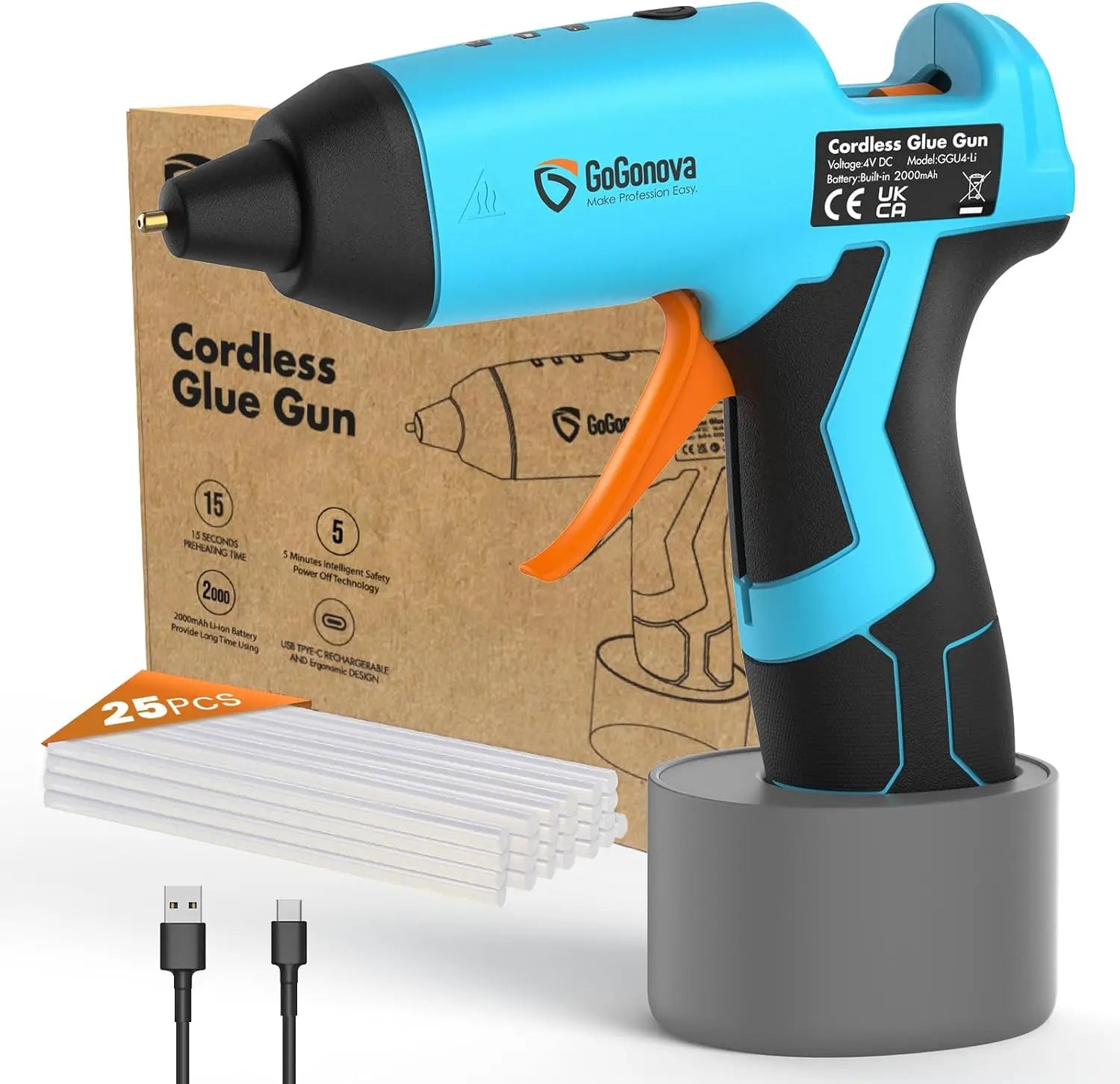 Cordless Hot Glue Gun, 15s Fast Preheating with 2Ah Built-in Battery Hot Melt Glue Gun, Smart Power-Off, Kit with 25 Pcs Premium