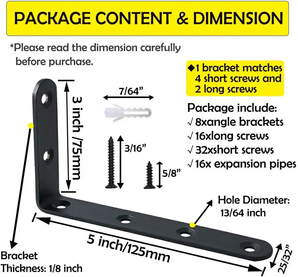 Heavy Duty Black Steel L Corner Brace 8 Pcs, Decorative Shelf Bracket for Wall Hanging Shelves with Screws (5x3 Inch)