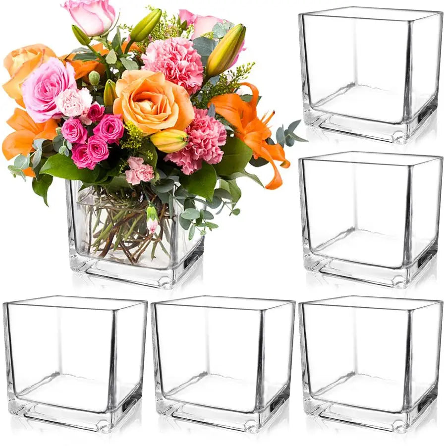 6 Pack Square Glass Vases 5 x 5 x 5 Inch, Clear Cube Flower Vases for Centerpieces, Candle Holders for Wedding Party Home Decor