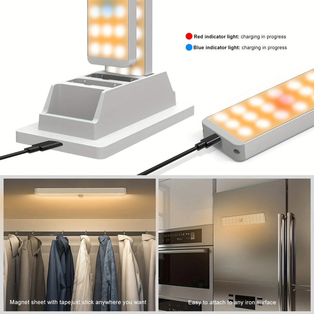3-PACK Dimmable LED Closet Light Strip with Remote Control, USB Rechargeable, Energy Saving Magnetic Wall Light, Metal Body