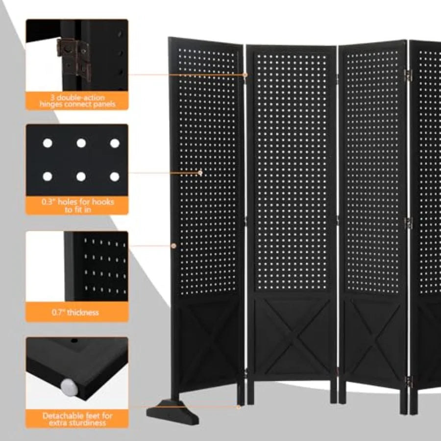 Freestanding Pegboard with Support Feet 5 FT Wood Room Divider Display Board Organizer Folding Privacy Screen Partition Space S