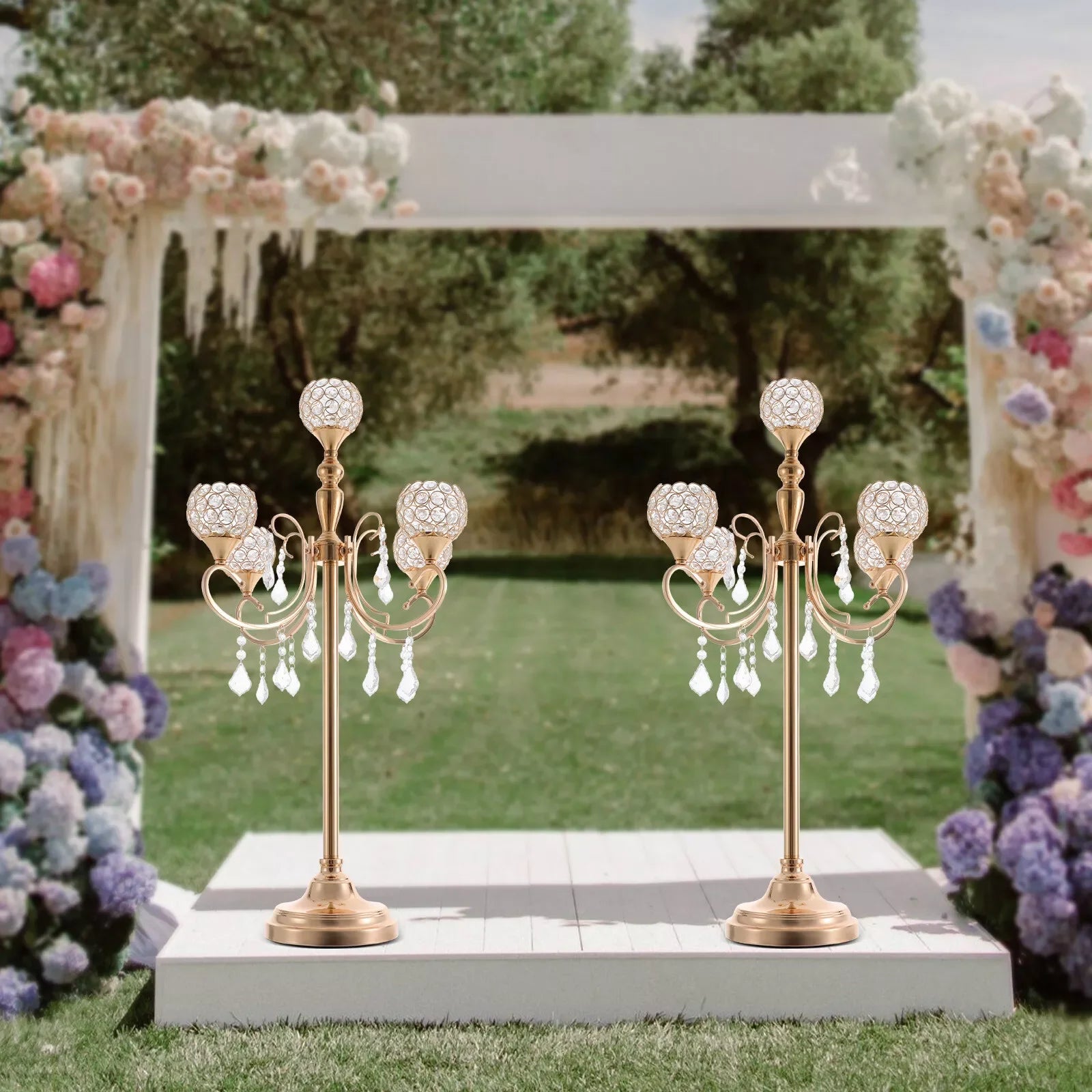 2PCS 5 Arms Crystal Candelabra Candle Holder Golden Table Centerpieces Wedding Decoration