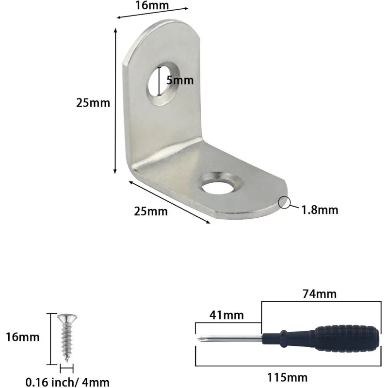 22 Pcs Stainless Steel L  90 Degree Right Angle Connector Braces with 44 Pcs Screws(25x25x16mm)