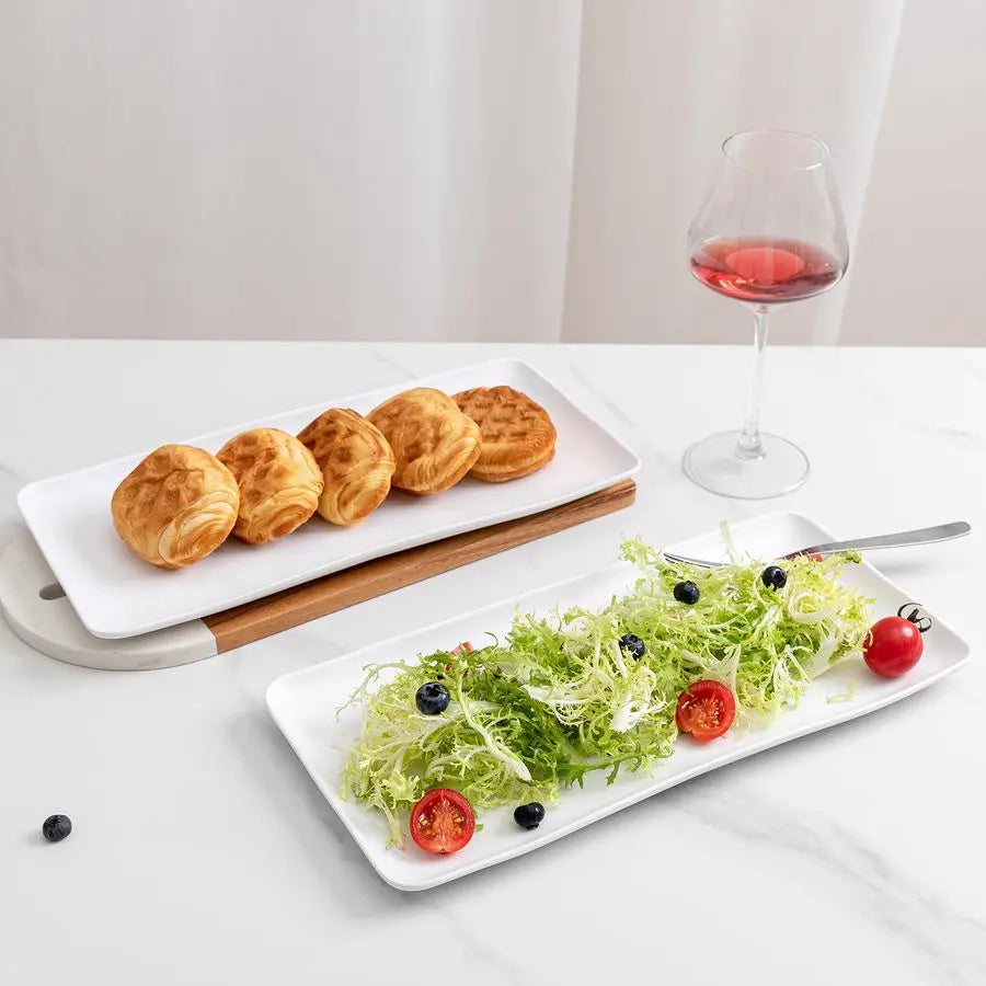 White Melamine Rectangular Serving Platter Trays, Set of 4, 14 X 7 Fruit Cake Bread Sushi Plate for Party Serving Food, Lightwei